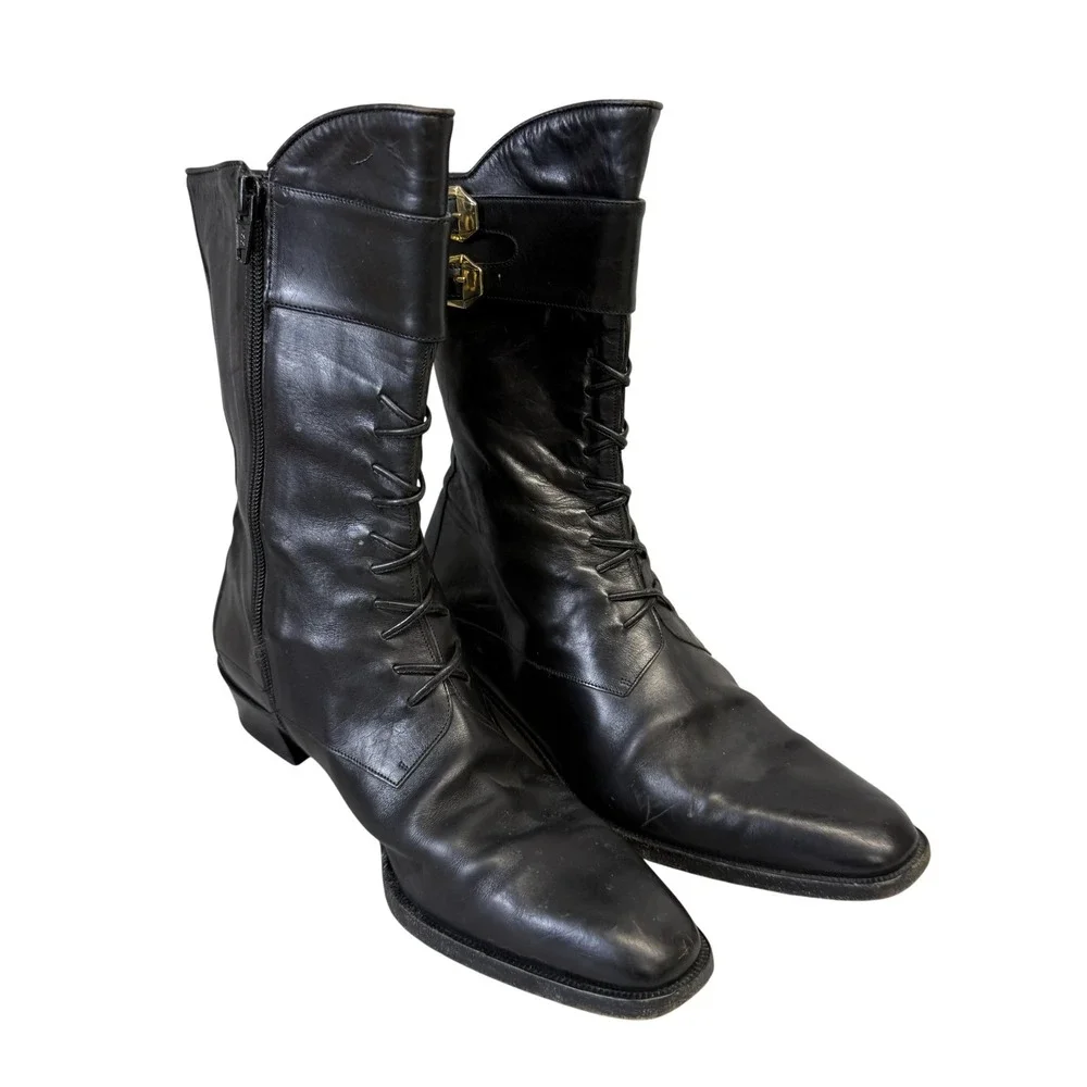 Via Spiga Boots Womens Size 7.5 Black Leather Lace Up Mid Calf Riding Italy